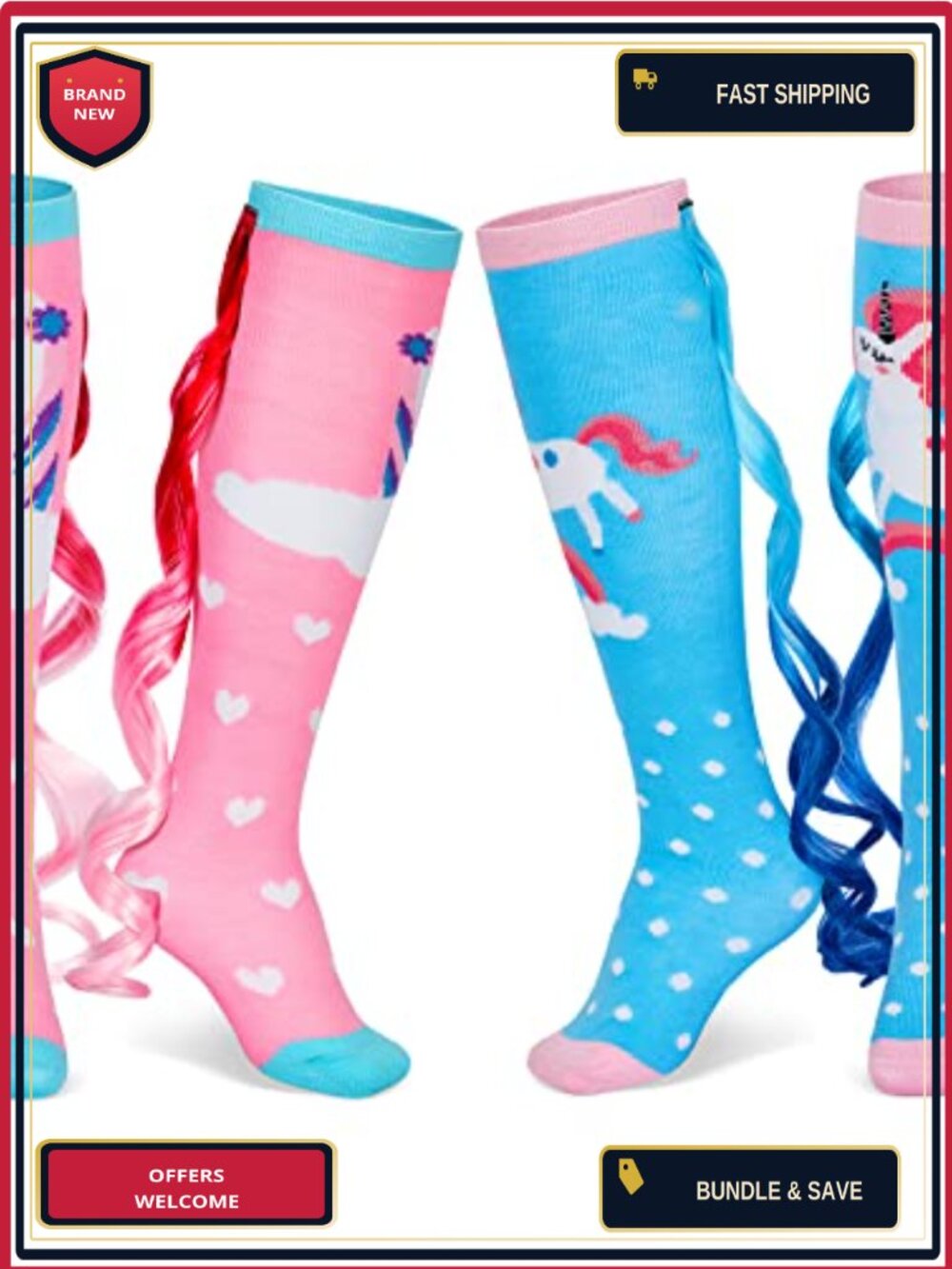 2 Pairs 3D Ponytail Unicorn Novelty Crew Socks Polyester Fun Halloween Cosplay